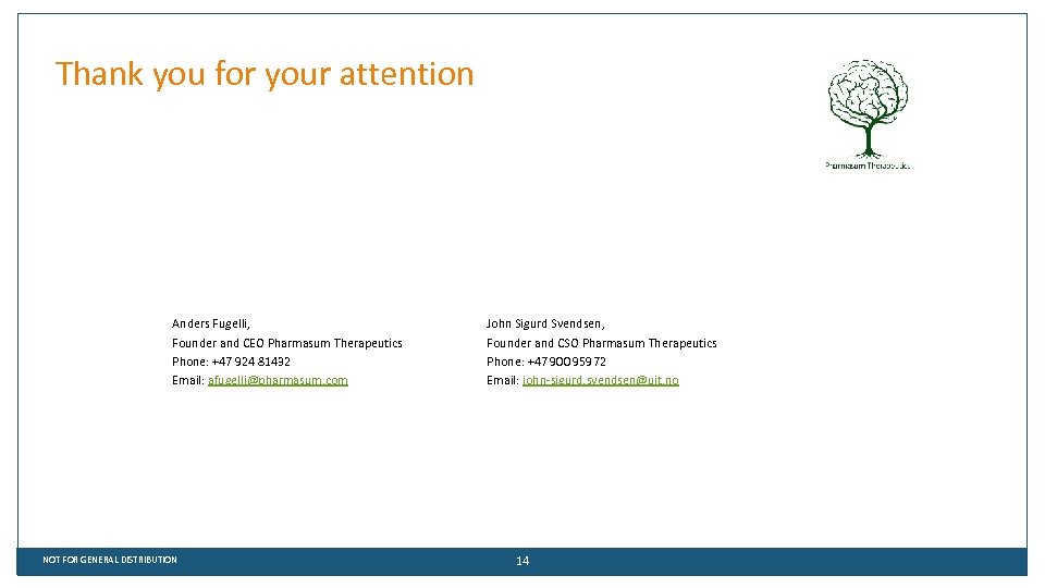 Thank you for your attention Anders Fugelli, Founder and CEO Pharmasum Therapeutics Phone: +47