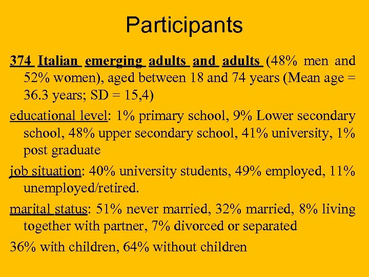 Participants 374 Italian emerging adults and adults (48% men and 52% women), aged between