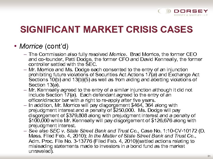 SIGNIFICANT MARKET CRISIS CASES • Morrice (cont’d) – The Commission also fully resolved Morrice.