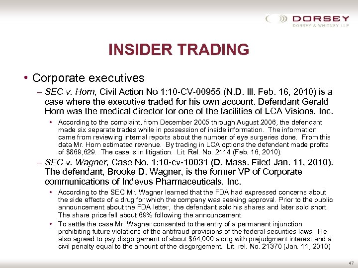 INSIDER TRADING • Corporate executives – SEC v. Horn, Civil Action No 1: 10