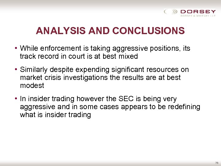 ANALYSIS AND CONCLUSIONS • While enforcement is taking aggressive positions, its track record in