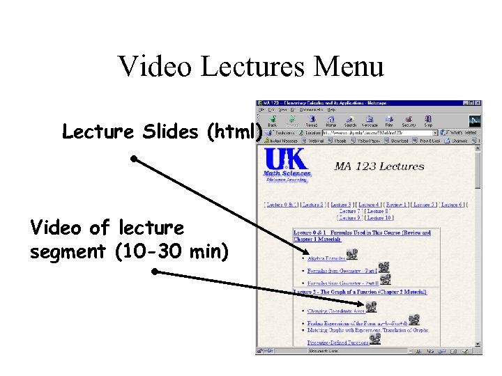 Video Lectures Menu Lecture Slides (html) Video of lecture segment (10 -30 min) 