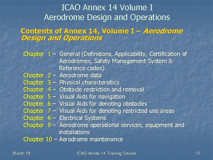 ICAO Annex 14 Volume I Aerodrome Design and Operations Contents of Annex 14, Volume