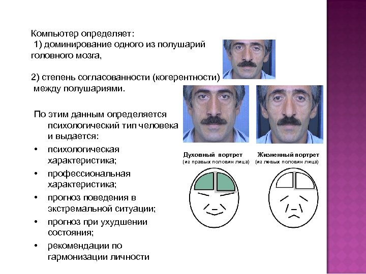 Компьютер определяет: 1) доминирование одного из полушарий головного мозга, 2) степень согласованности (когерентности) между