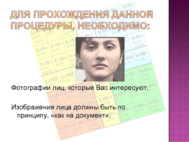 Фотографии лиц, которые Вас интересуют. Изображения лица должны быть по принципу, «как на документ»