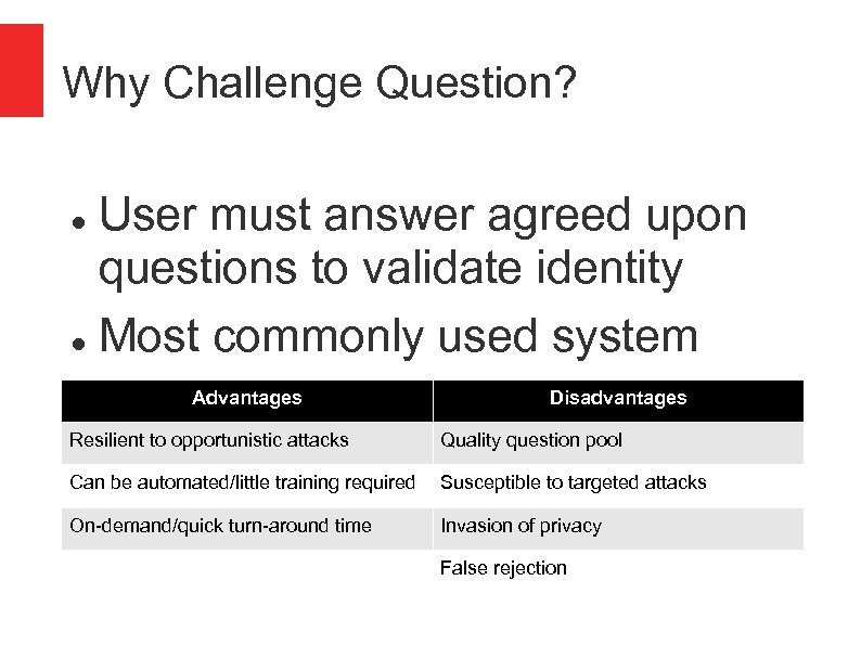 Why Challenge Question? User must answer agreed upon questions to validate identity Most commonly