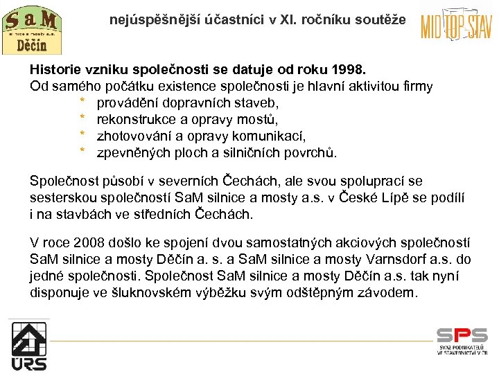 nejúspěšnější účastníci v XI. ročníku soutěže Historie vzniku společnosti se datuje od roku 1998.