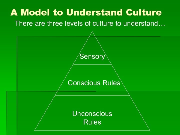 A Model to Understand Culture There are three levels of culture to understand… Sensory