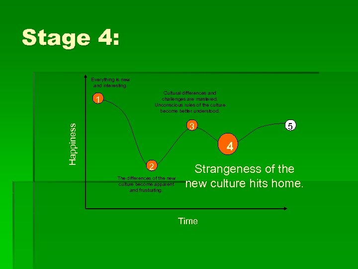 Stage 4: Everything is new and interesting. Cultural differences and challenges are mastered. Unconscious