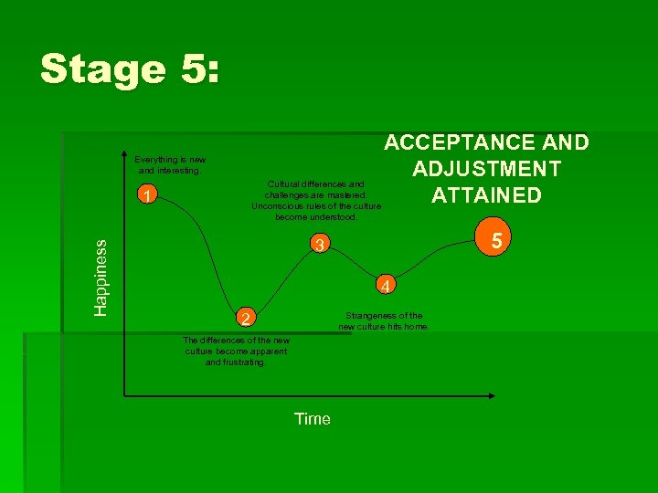 Stage 5: ACCEPTANCE AND ADJUSTMENT Cultural differences and challenges are mastered. ATTAINED Unconscious rules