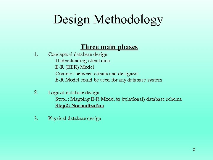 Design Methodology Three main phases 1. Conceptual database design Understanding client data E-R (EER)