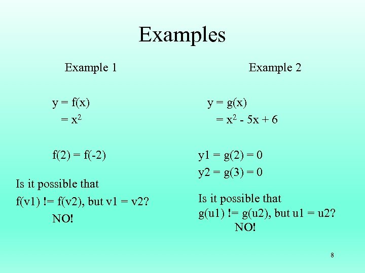 Examples Example 1 y = f(x) = x 2 f(2) = f(-2) Is it