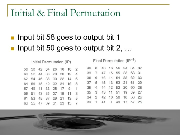 Initial & Final Permutation n n Input bit 58 goes to output bit 1