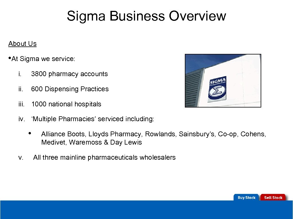 Sigma Business Overview About Us • At Sigma we service: i. 3800 pharmacy accounts