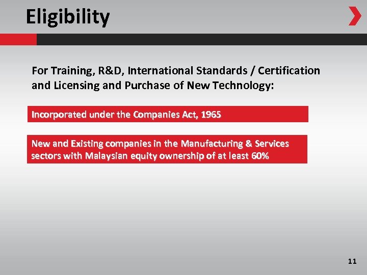 Eligibility For Training, R&D, International Standards / Certification and Licensing and Purchase of New