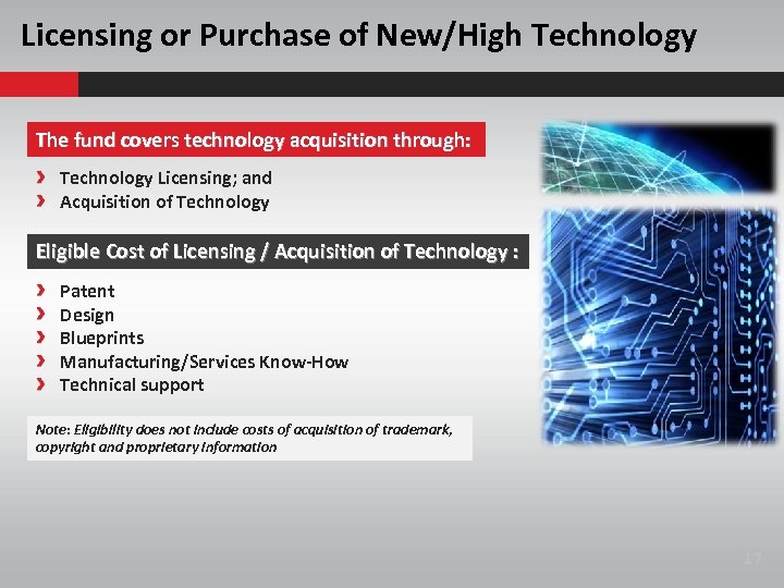 Licensing or Purchase of New/High Technology The fund covers technology acquisition through: Technology Licensing;