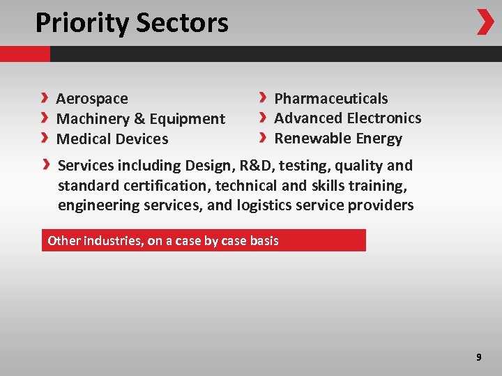 Priority Sectors Aerospace Machinery & Equipment Medical Devices Pharmaceuticals Advanced Electronics Renewable Energy Services