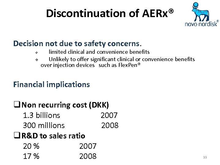 Discontinuation of AERx® Decision not due to safety concerns. v v limited clinical and