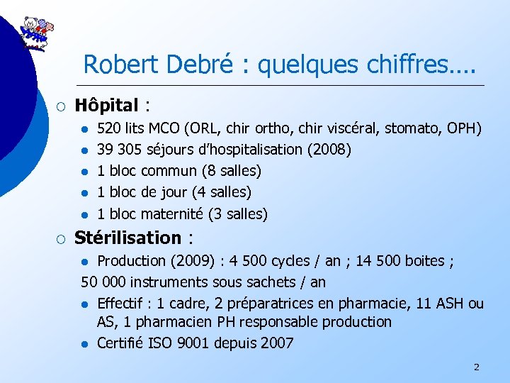 Robert Debré : quelques chiffres…. ¡ Hôpital : l l l ¡ 520 lits