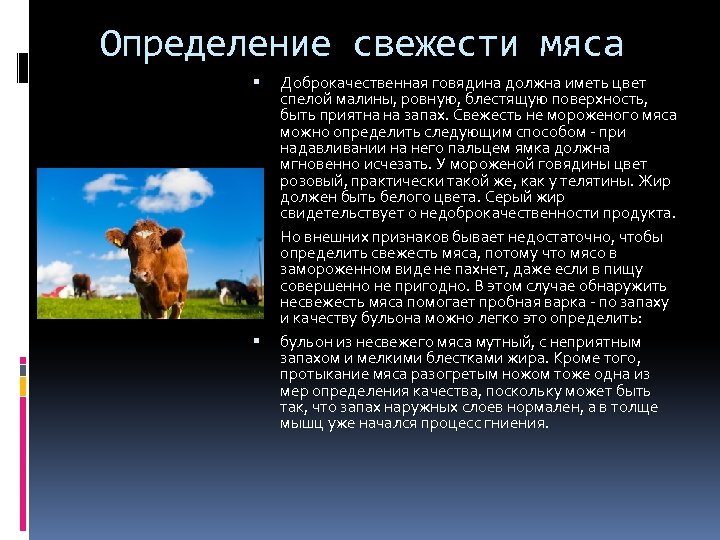 Определение свежести мяса Доброкачественная говядина должна иметь цвет спелой малины, ровную, блестящую поверхность, быть