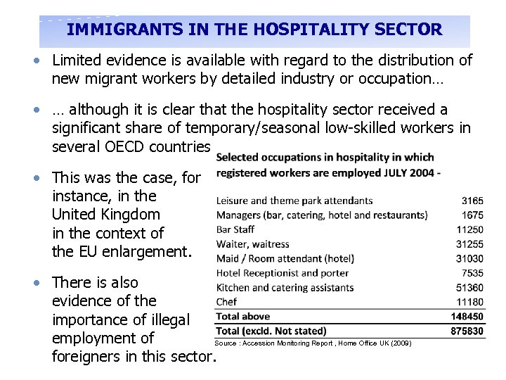 IMMIGRANTS IN THE HOSPITALITY SECTOR • Limited evidence is available with regard to the
