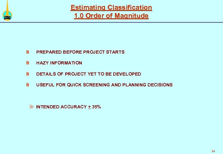 Estimating Classification 1. 0 Order of Magnitude 2 PREPARED BEFORE PROJECT STARTS 2 HAZY