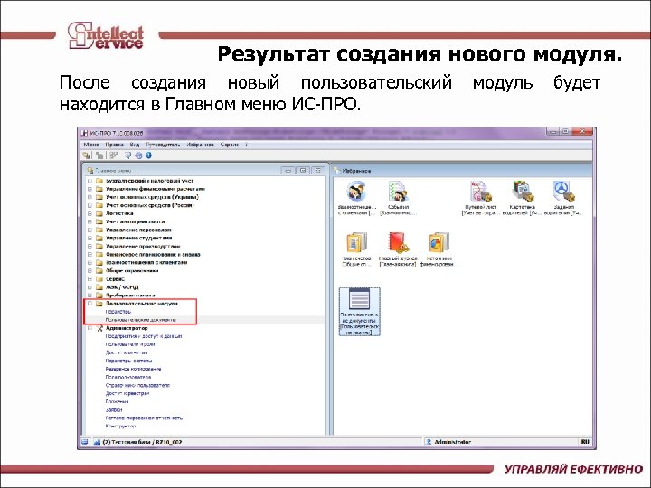 Результат создания нового модуля. После создания новый пользовательский находится в Главном меню ИС-ПРО. модуль