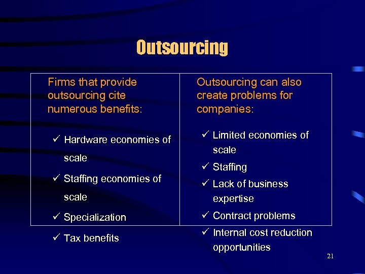 Outsourcing Firms that provide outsourcing cite numerous benefits: ü Hardware economies of scale ü