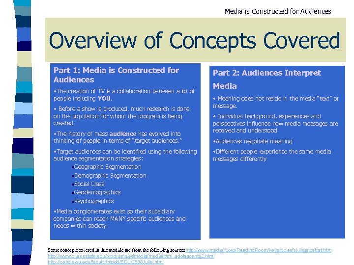 Media is Constructed for Audiences Overview of Concepts Covered Part 1: Media is Constructed