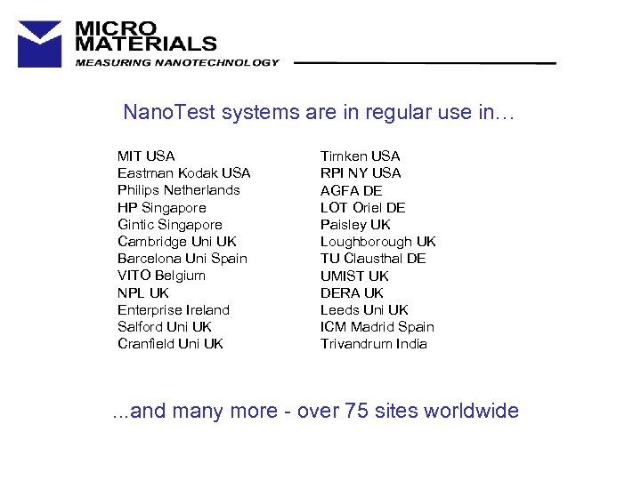 Nano. Test systems are in regular use in… MIT USA Eastman Kodak USA Philips
