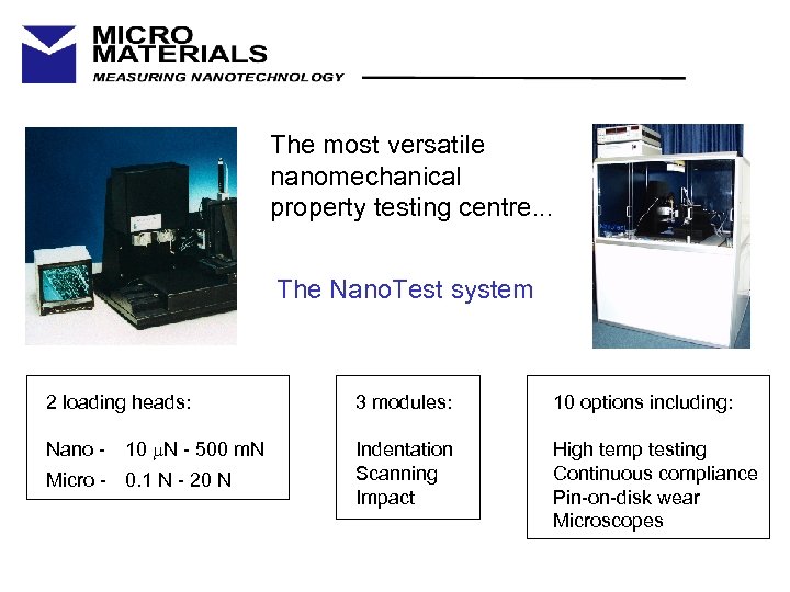 The most versatile nanomechanical property testing centre. . . The Nano. Test system 2