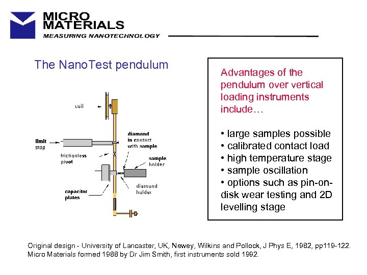 The Nano. Test pendulum Advantages of the pendulum over vertical loading instruments include… •