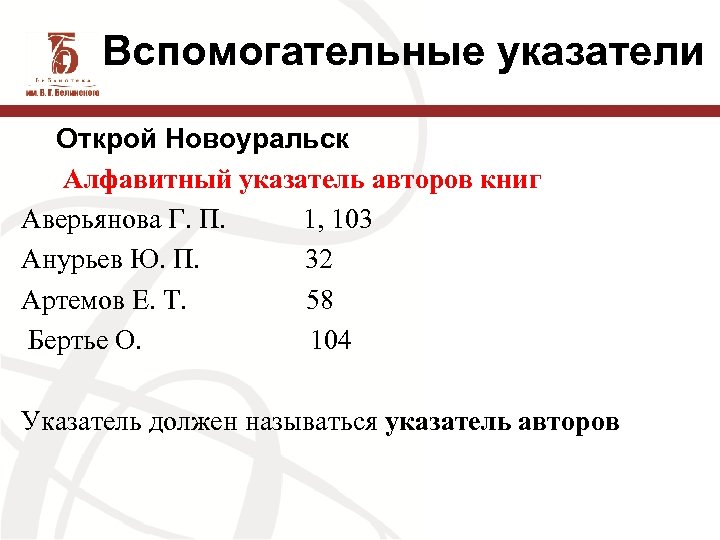 Вспомогательные указатели Открой Новоуральск Алфавитный указатель авторов книг Аверьянова Г. П. 1, 103 Анурьев