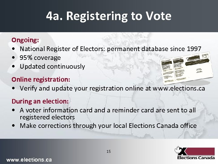 4 a. Registering to Vote Ongoing: • National Register of Electors: permanent database since