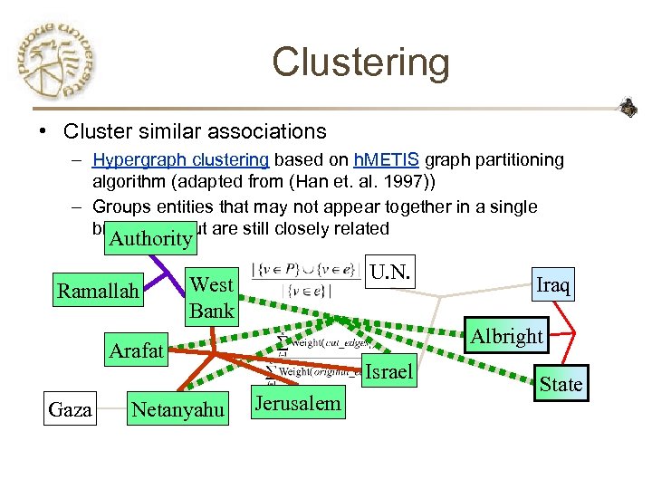 Clustering • Cluster similar associations – Hypergraph clustering based on h. METIS graph partitioning