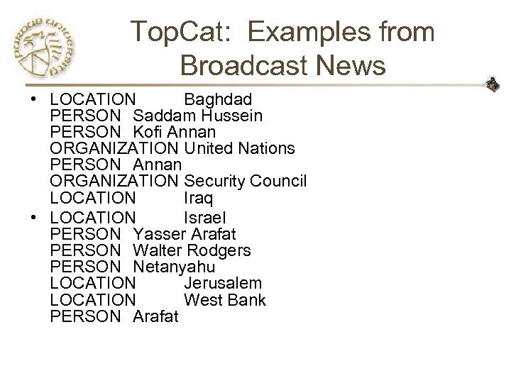 Top. Cat: Examples from Broadcast News • LOCATION Baghdad PERSON Saddam Hussein PERSON Kofi