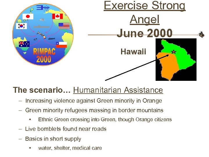 Exercise Strong Angel June 2000 Hawaii The scenario… Humanitarian Assistance – Increasing violence against