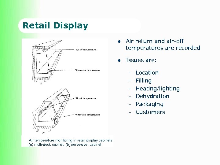 Retail Display l Air return and air-off temperatures are recorded l Issues are: –