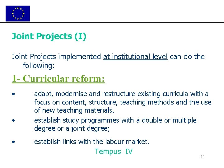 Joint Projects (I) Joint Projects implemented at institutional level can do the following: 1