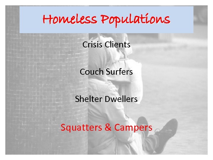 Homeless Populations Crisis Clients Couch Surfers Shelter Dwellers Squatters & Campers 