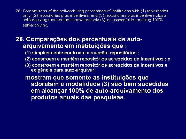 28. Comparisons of the self-archiving percentage of institutions with (1) repositories only, (2) repositories