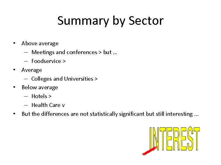 Summary by Sector • Above average – Meetings and conferences > but … –