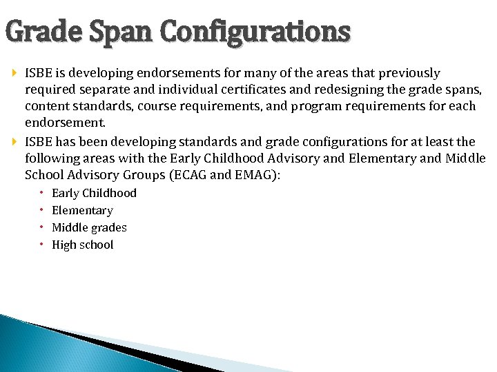 Grade Span Configurations ISBE is developing endorsements for many of the areas that previously