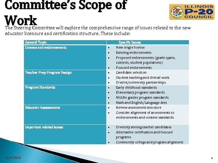 Committee’s Scope of Work The Steering Committee will explore the comprehensive range of issues