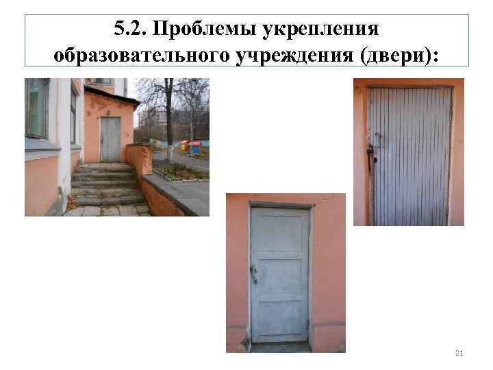 5. 2. Проблемы укрепления образовательного учреждения (двери): 21 