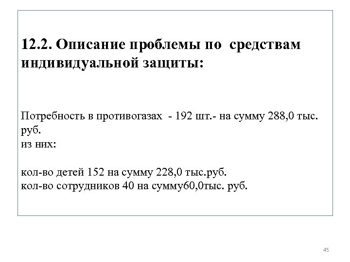 12. 2. Описание проблемы по средствам индивидуальной защиты: Потребность в противогазах - 192 шт.