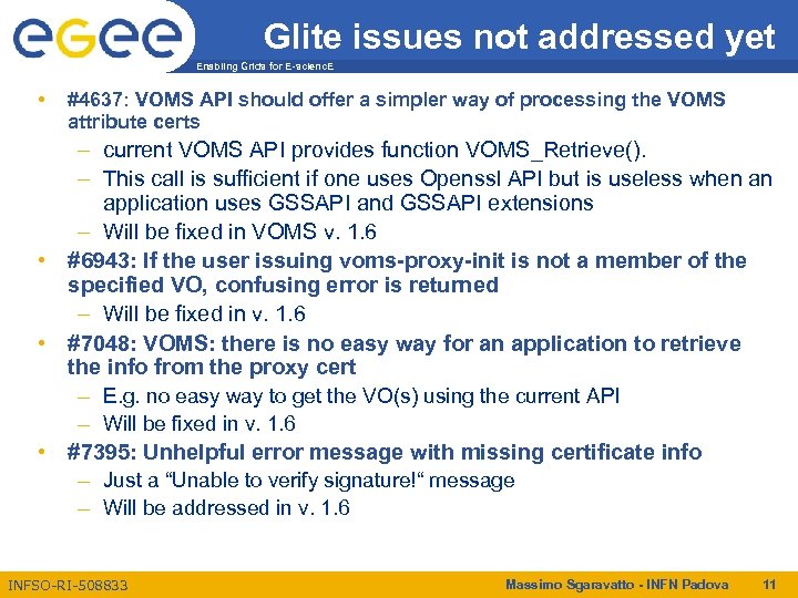 Glite issues not addressed yet Enabling Grids for E-scienc. E • #4637: VOMS API