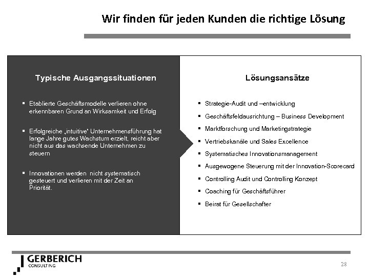 Wir finden für jeden Kunden die richtige Lösung Typische Ausgangssituationen Lösungsansätze § Etablierte Geschäftsmodelle