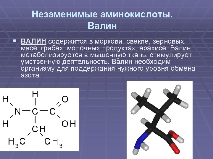 Незаменимые аминокислоты. Валин § ВАЛИН содержится в моркови, свекле, зерновых, мясе, грибах, молочных продуктах,