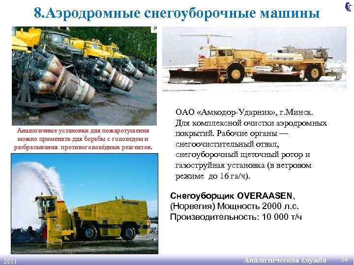 8. Аэродромные снегоуборочные машины Аналогичные установки для пожаротушения можно применять для борьбы с гололедом